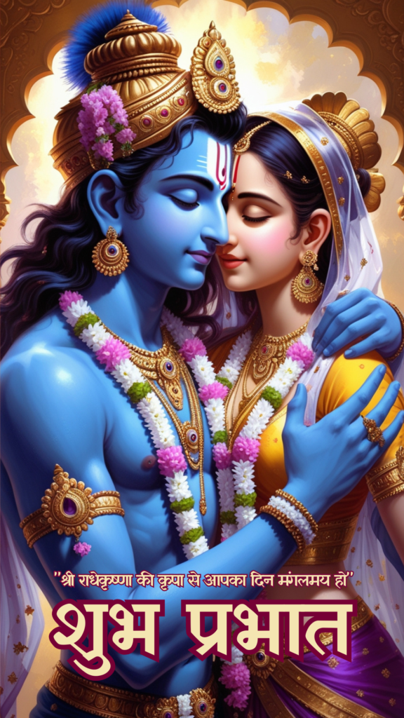 Radha krishna good morning images - Lord Krishna and Radha in serene pose showcasing their divine love. Both are adorned with intricate gold jewelry and crowns.