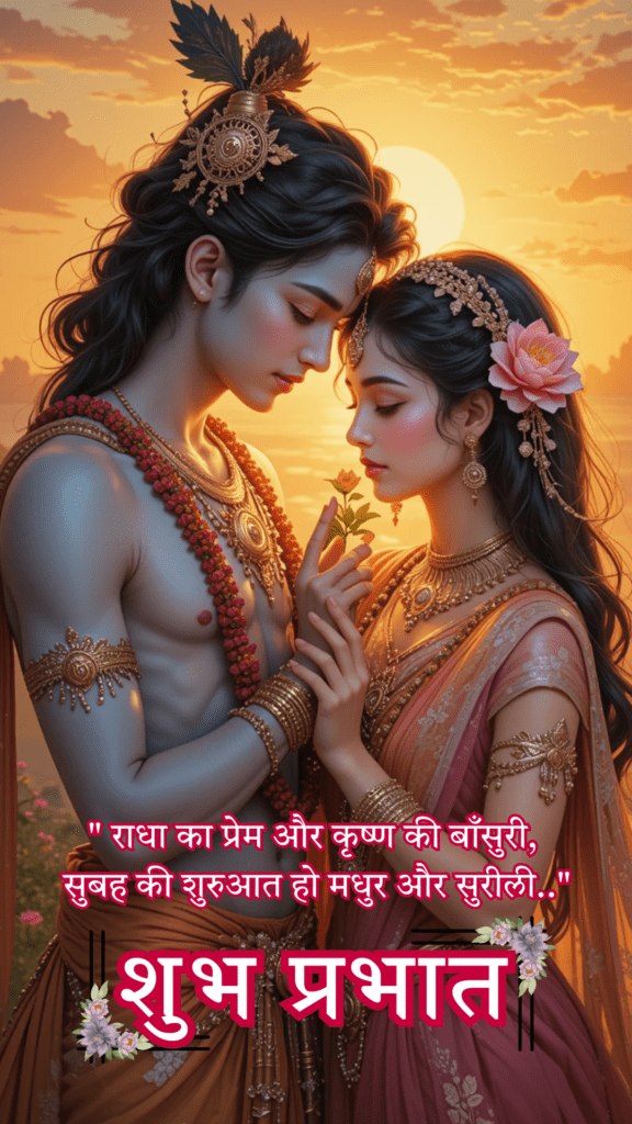 Radha krishna good morning images - Lord Krishna and radha are in a garden  with sunny day, krishna giving flower to Radha