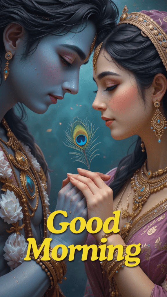 Radha krishna good morning images - Lord Krishna and radha together are holding peacock feather. Radha wearing purple saree.