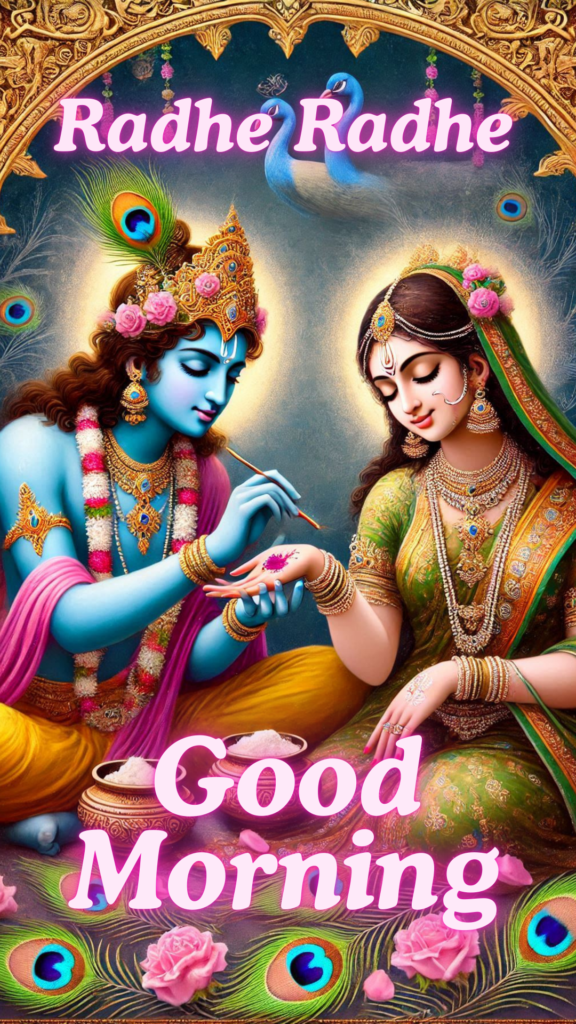 Radha krishna good morning images - Lord Krishna applying mehndi on Radha's hand. Radha wearing green color dress.