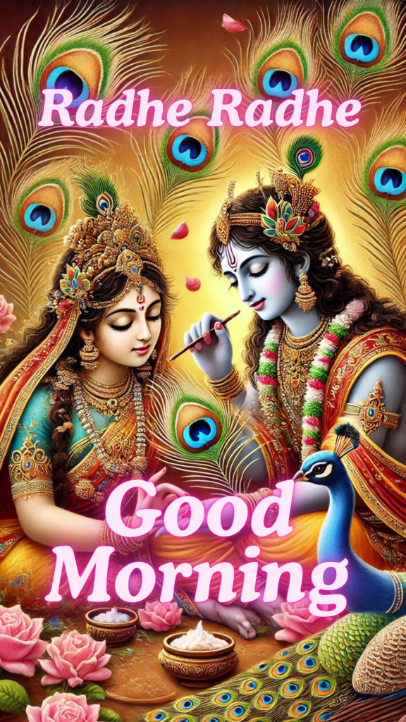 Radha krishna good morning images - Lord Krishna are sitting and talking to Radha. Radha wearing yellow and red dress.