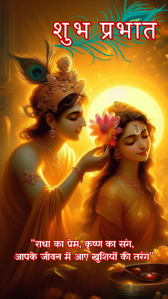 Radha krishna good morning images - Lord Krishna gently placing a vibrant pink lotus flower in Radha's hair.