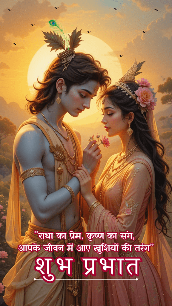 Radha krishna good morning images - Lord Krishna giving a flower to Radha. Radha wearing pink dress.