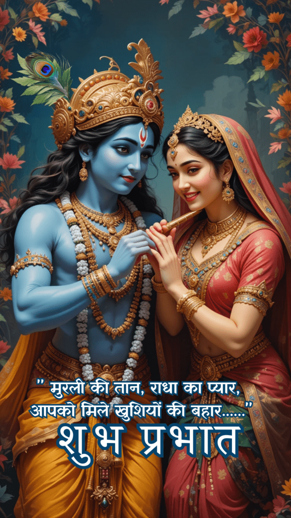Radha krishna good morning images - Lord Krishna holding his flute and dressed in a yellow dhoti. Radha wearing Red saree.