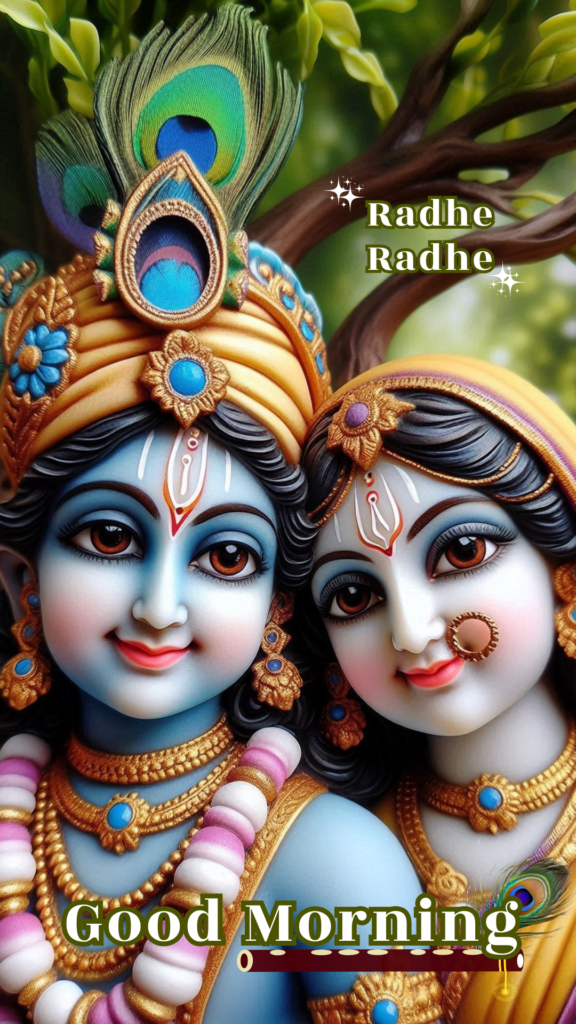 Radha krishna good morning images - Lord krishna wearing crown with peacock feather and Radha is also beautifully dressed.