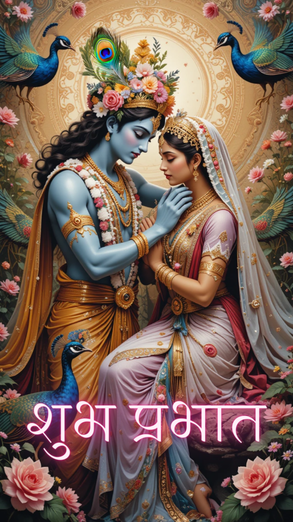 Radha krishna good morning images - Lord krishna wearing yellow dhoti and Radha wearing pink dress.