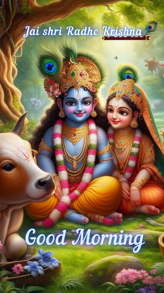 Radha krishna good morning images -Radha Krishna sitting in serene forest with a cow. Both are adorned with peacock feather crown.