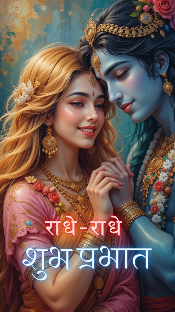 Radha krishna good morning images - Radha is adorned in a pink and golden sari, her flowing golden hair adorned with flowers.
