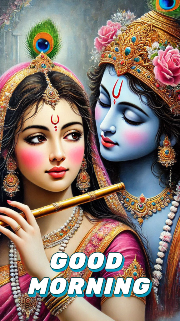 Radha krishna good morning images - Radha krishna looking in each others eyes. Radha wearing pink and golden dress. Radha playing flute.