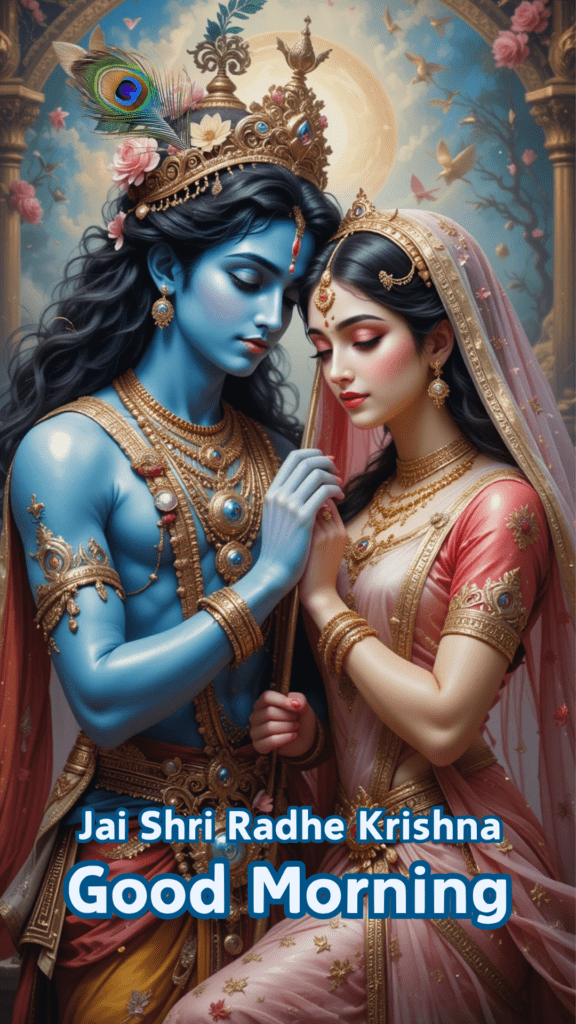 Radha krishna good morning images - This image beautifully illustrates Lord Krishna and Radha in a divine and enchanting moment, radha wearing pink saree.