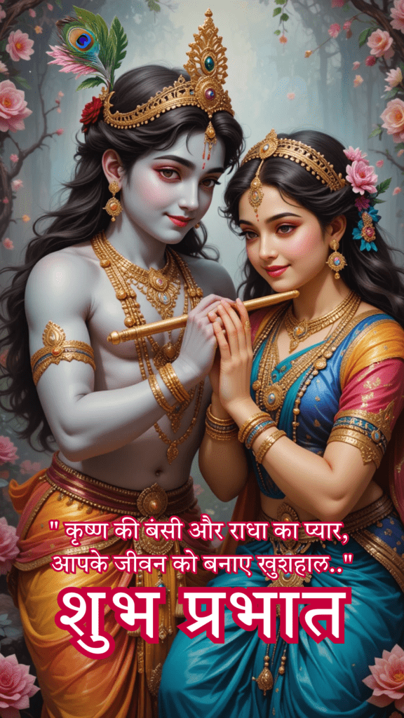 Radha krishna good morning images - This image beautifully illustrates Lord Krishna and Radha in a divine and enchanting moment, with a floral background.