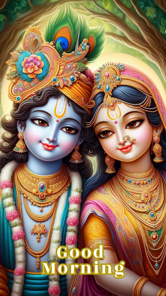 Radha krishna good morning images - This image depicts a beautifully illustrated scene of Lord Krishna and Radha