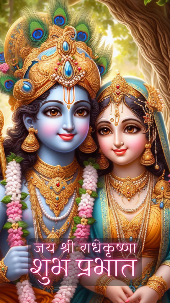 Radha krishna good morning images - This image depicts a beautifully illustrated scene of Lord Krishna and Radha