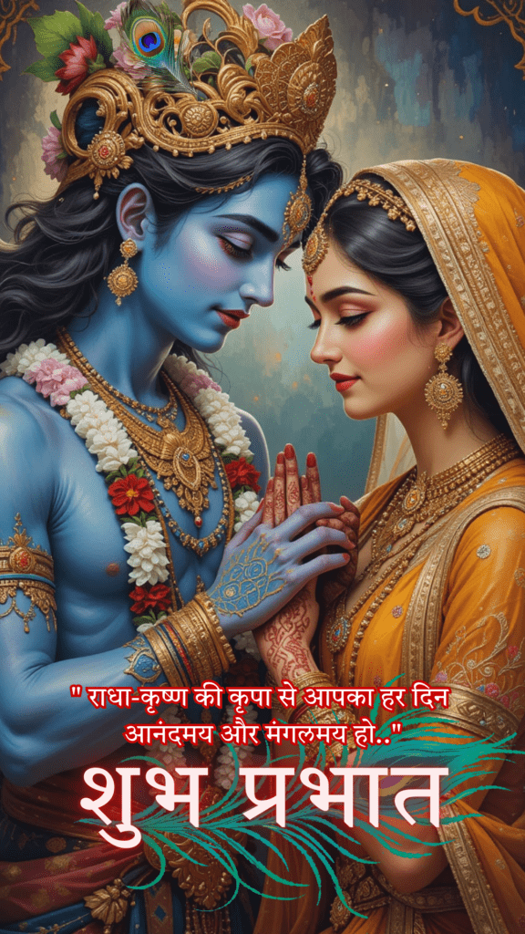 Radha krishna good morning images - This image depicts divine love of Lord Krishna and Radha, Radha wearing yellow dress.