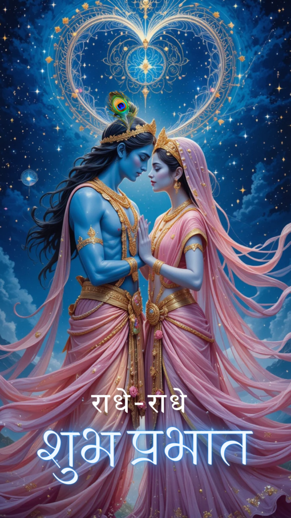 Radha krishna good morning images - This image portrays a beautifully detailed depiction of Lord Krishna and Radha in a moment of gentle connection.