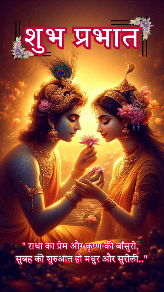 Radha krishna good morning images - This image portrays a divine and heartwarming scene featuring Lord Krishna and Radha, set against a glowing golden background.