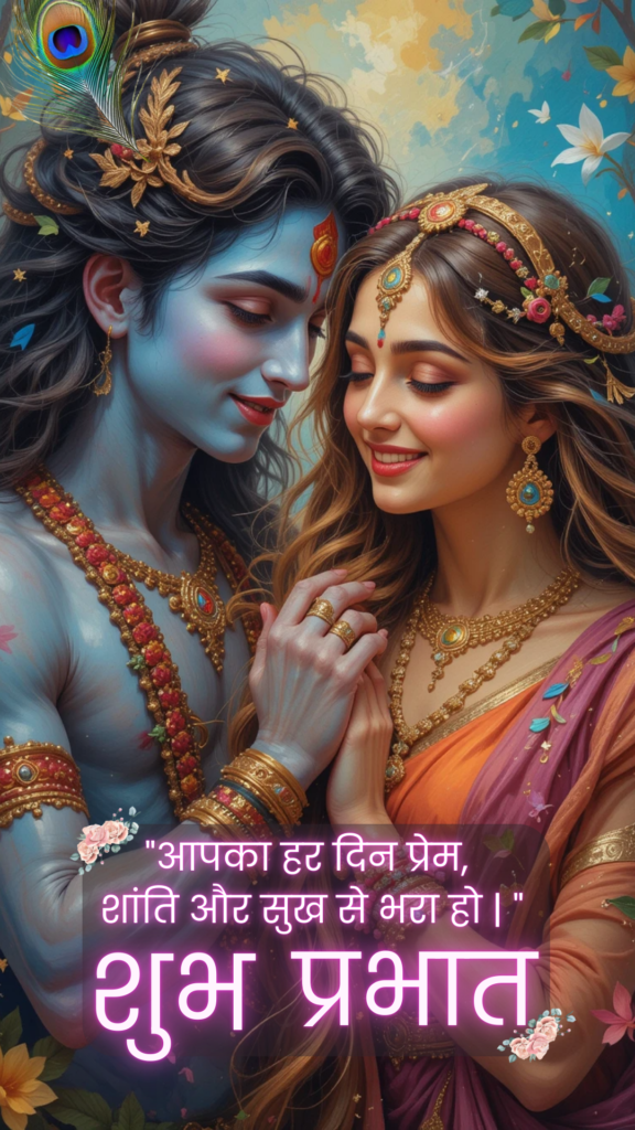 Radha krishna good morning images - This image showcases a divine and vibrant depiction of Lord Krishna and Radha, both are smiling