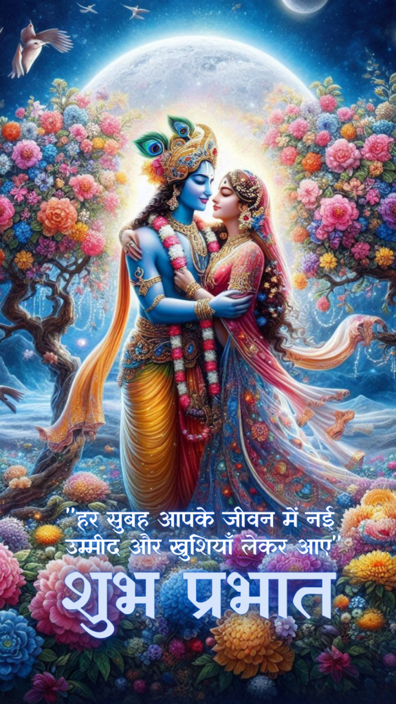 Radha krishna good morning images - This image showcases a divine and vibrant depiction of Lord Krishna and Radha in an embrace, surrounded by a colorful garden full of blooming flowers.