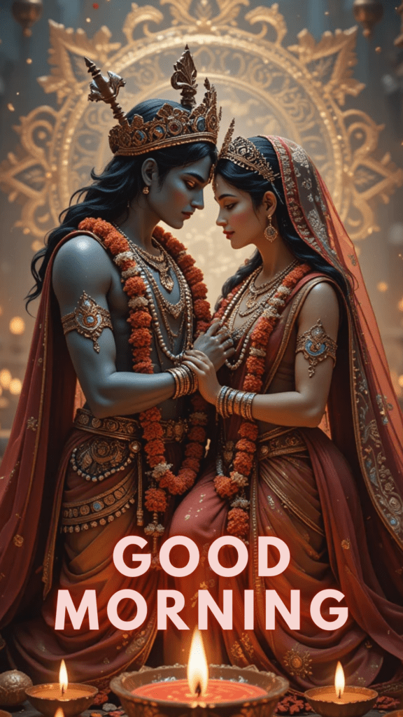 Radha krishna good morning images - This image showcases a divine and vibrant depiction of Lord Krishna and Radha's Love.