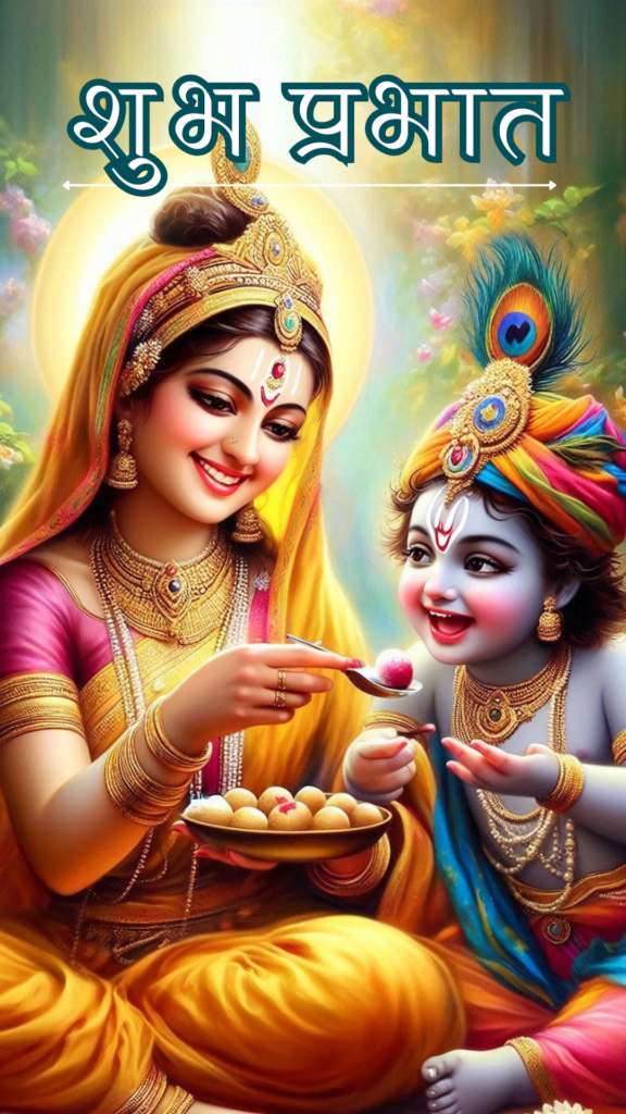 Radha krishna good morning images - Yashoda maa feeding laddu to krishna. Yashoda ji wearing yellow saree.