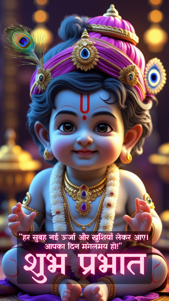 Radha krishna good morning images - an adorable young Lord Krishna adorned with floral garland and gold ornaments.