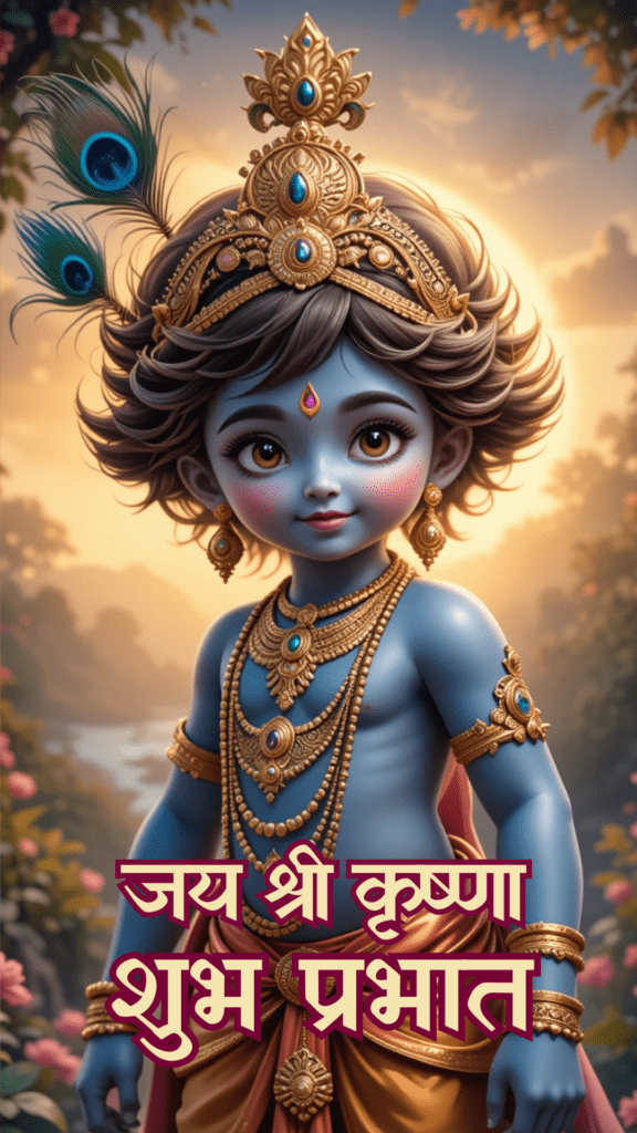 Radha krishna good morning images - an adorable young Lord Krishna adorned with peacock feather crown. He is wearing yellow color dhoti.