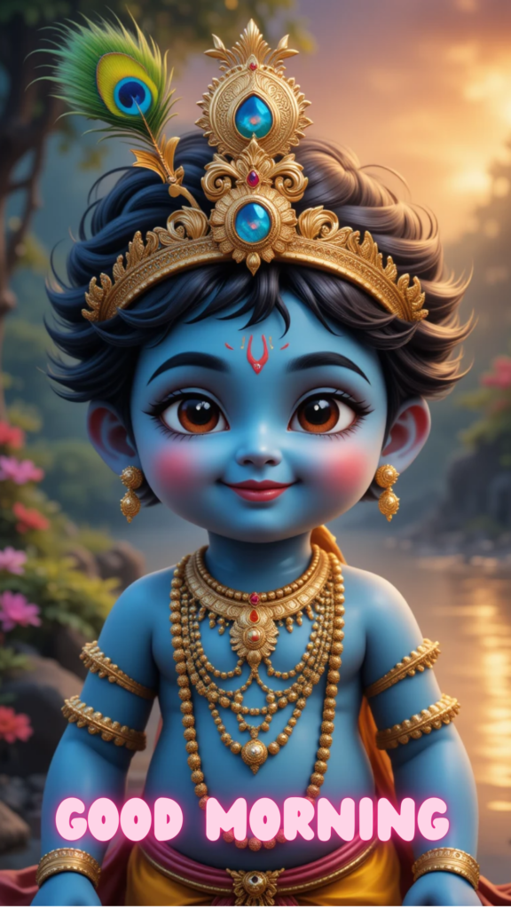 Radha krishna good morning images - an adorable young Lord Krishna adorned with peacock feather crown. His wide, sparkling eyes radiate innocence and divinity, complemented by a gentle smile.