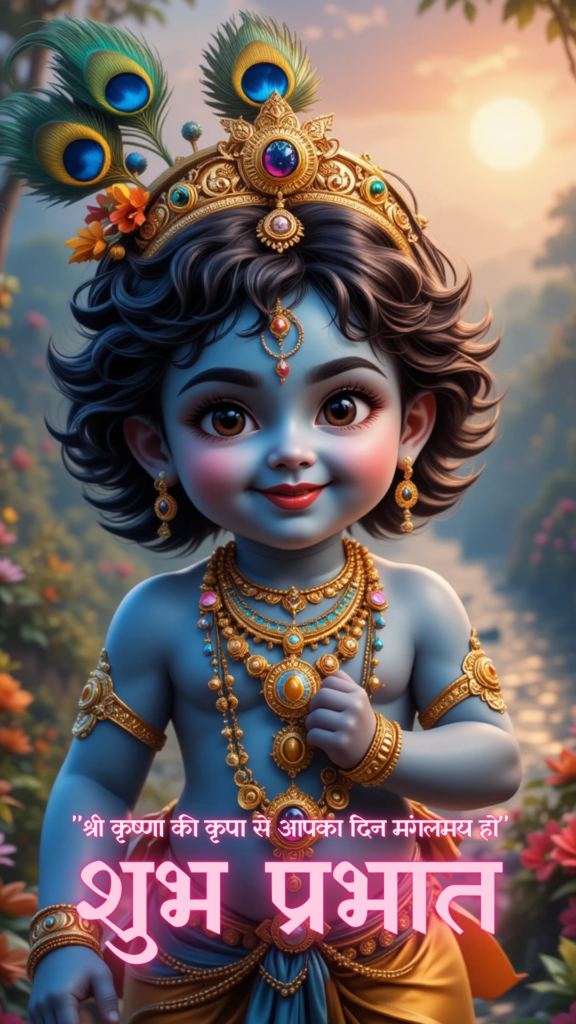 Radha krishna good morning images - an adorable young Lord Krishna adorned with peacock feather crown. His wide, sparkling eyes radiate innocence and divinity, complemented by a gentle smile.