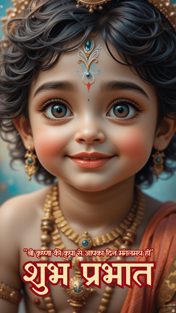 Radha krishna good morning images - an adorable young Lord Krishna wearing gold ornaments and his curly hair is adorned with a golden crown.