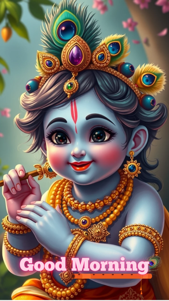 Radha krishna good morning images - an adorable young Lord Krishna wearing gold ornaments and his curly hair is adorned with a golden peacock feather crown.