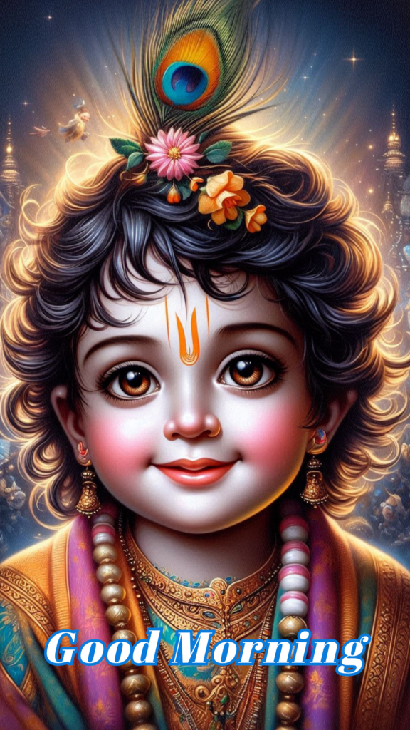 Radha krishna good morning images - an adorable young Lord Krishna wearing gold ornaments and his curly hair is adorned with a peacock feather.