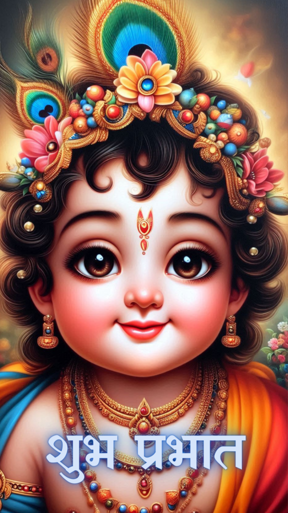 Radha krishna good morning images - an adorable young Lord Krishna wearing gold ornaments, he is adorned with a beautiful peacock feather crown.
