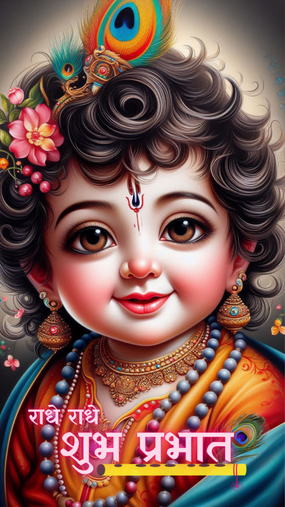 Radha krishna good morning images - an adorable young Lord Krishna wearing orange and blue clothes, ornaments.
