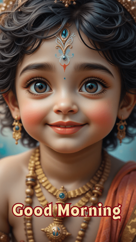 Radha krishna good morning images - an adorable young Lord Krishna with charismatic eyes and beautiful smile.