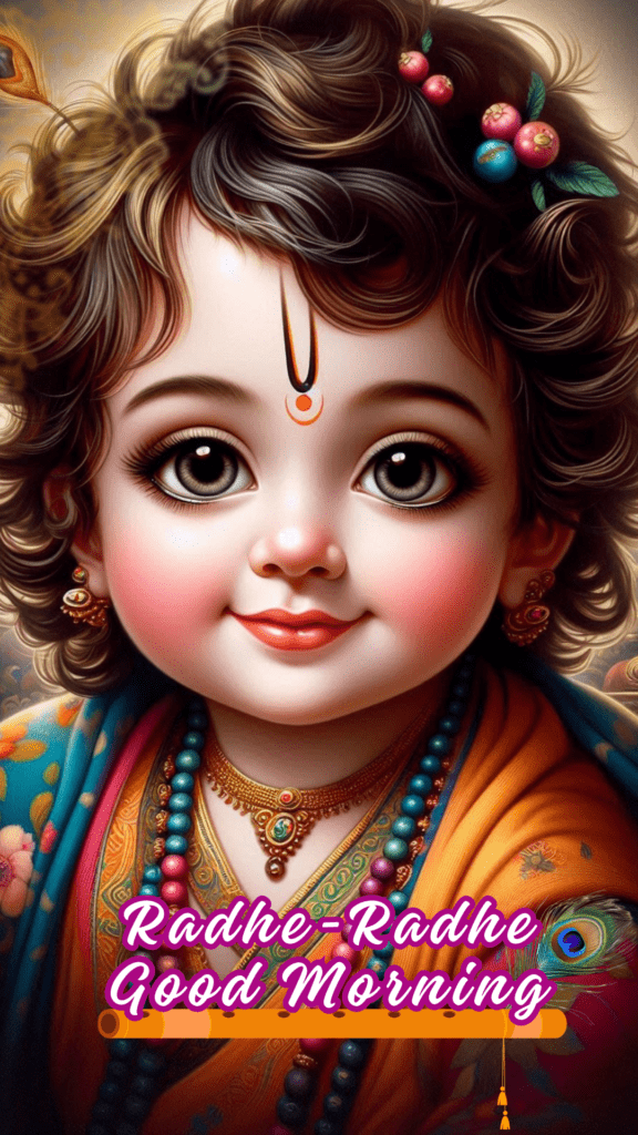 Radha krishna good morning images - an adorable young Lord Krishna with sparkling beautiful eyes and charismatic smile.