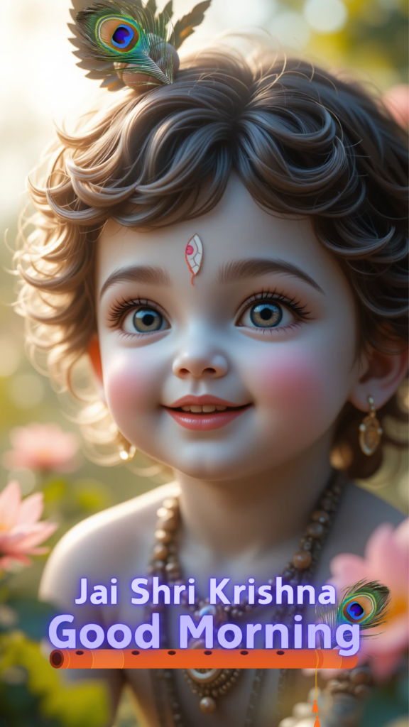 Radha krishna good morning images - an adorable young Lord Krishna with wide, sparkling eyes radiate innocence and divinity, complemented by a gentle smile.