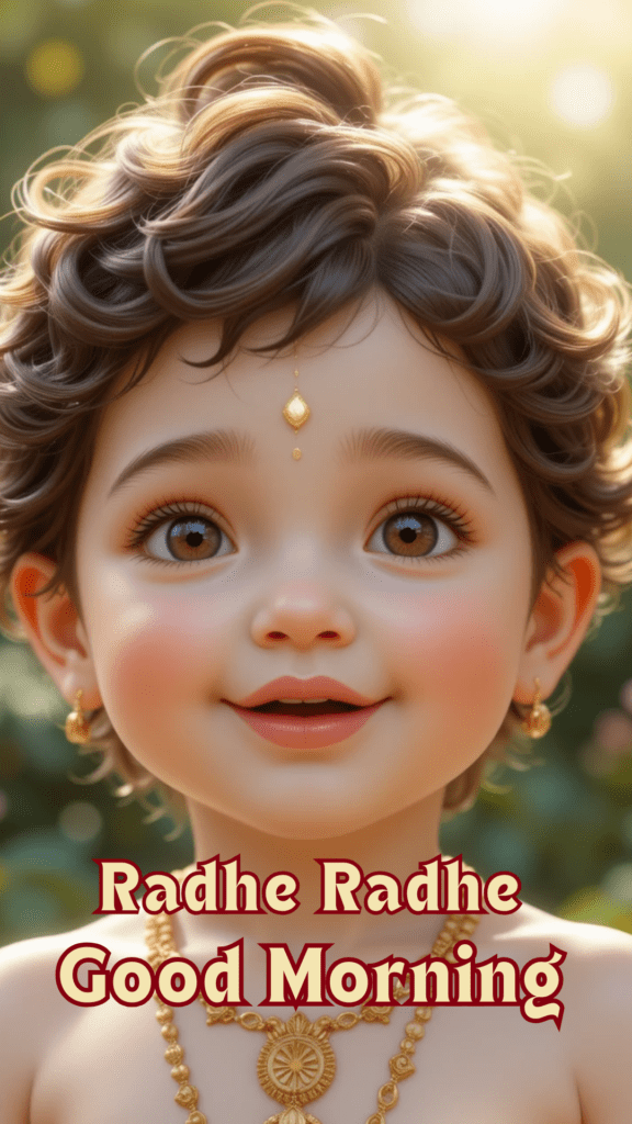 Radha krishna good morning images - an adorable young Lord Krishna's wide, sparkling eyes radiate innocence and divinity, complemented by a gentle smile.