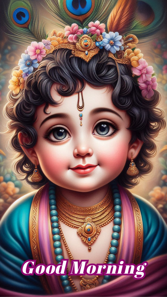Radha krishna good morning images - an adorable young Lord Krishna's wide, sparkling eyes radiate innocence and divinity, complemented by a gentle smile that exudes warmth.