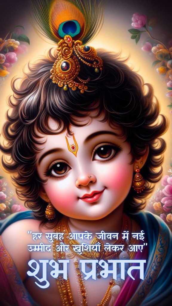 Radha krishna good morning images - an adorable young Lord Krishna's wide, sparkling eyes radiate innocence and divinity, complemented by a gentle smile that exudes warmth.