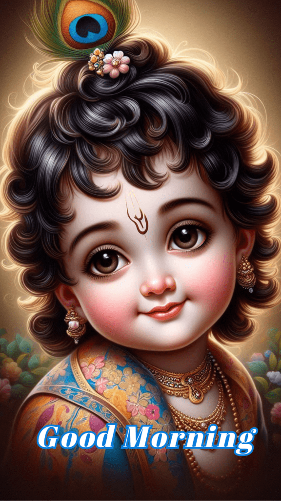 Radha krishna good morning images - an adorable young Lord Krishna's wide, sparkling eyes radiate innocence, complemented by a gentle smile.
