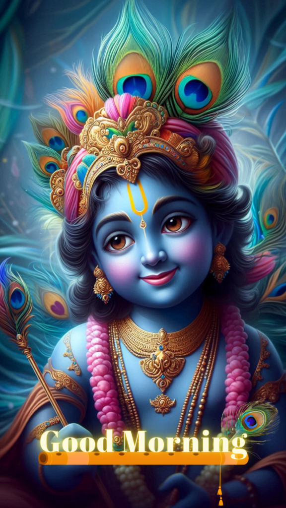 Radha krishna good morning images - an adorable young Lord Krishna's wide, sparkling eyes radiate innocence, complemented by a gentle smile.