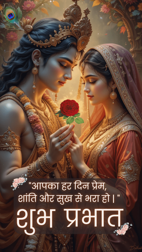Radha krishna good morning images - both are holding a red rose. Radha wearing peach color dress.