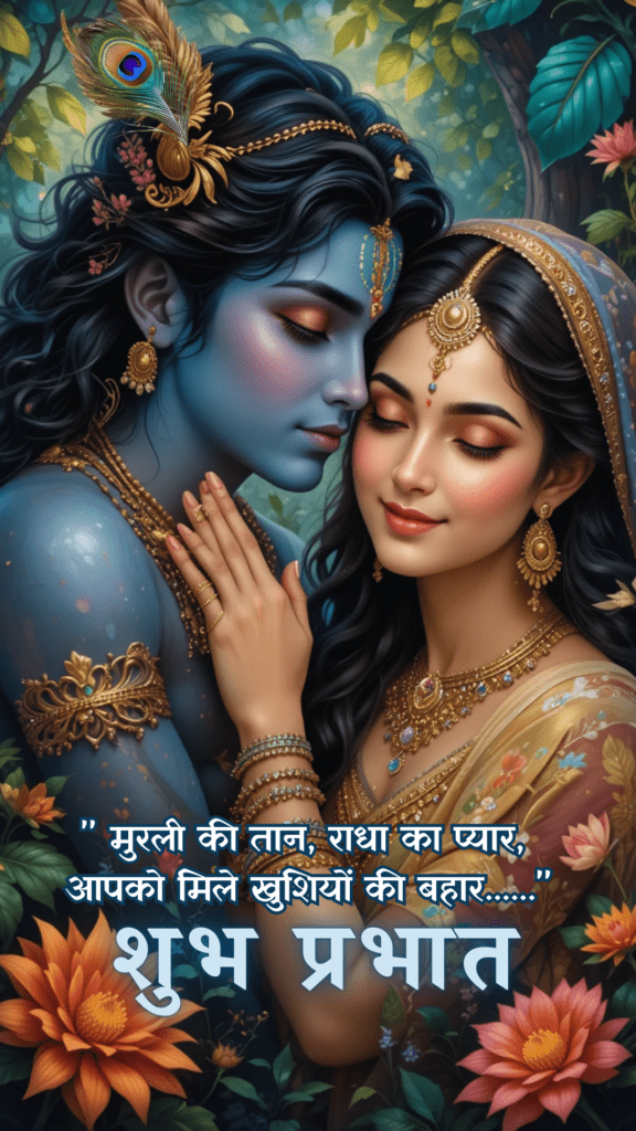 Radha krishna good morning images - image showcases a divine and vibrant depiction of Lord Krishna and Radha, flowers are blooming.