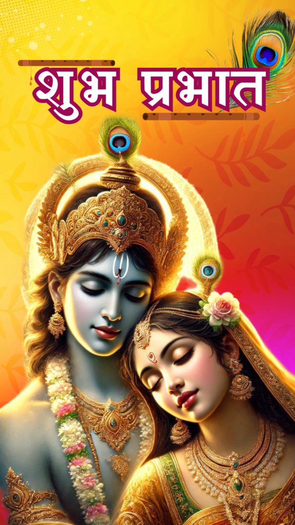 Radha krishna good morning images - image showcases a divine and vibrant depiction of Lord Krishna and Radha, krishna adorned with peacock feather crown.
