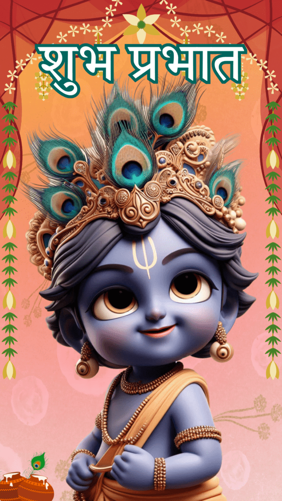 Radha krishna good morning images - kanha ji adorned with peacock feather crown.