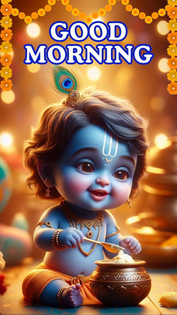 Radha krishna good morning images - kanha ji eating Makhan. He is wearing yellow dhoti.