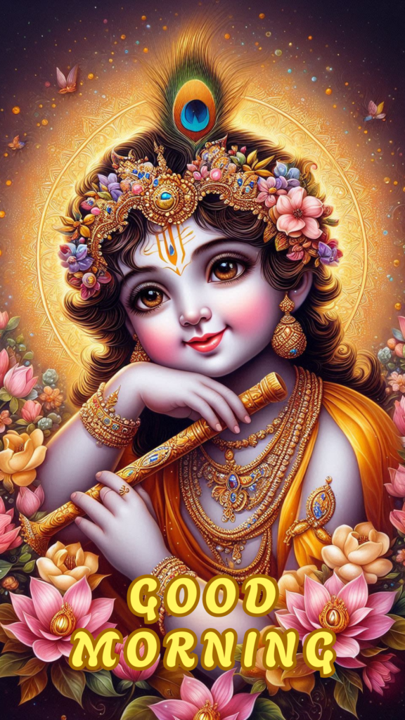 Radha krishna good morning images - kanha ji holding flute in his hand. He is surrounded by pink and cream lotus.