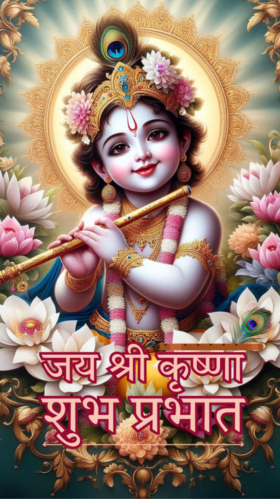 Radha krishna good morning images - kanha ji holding flute in his hands, wearing flower garland. He is surrounded by pink and white lotus.
