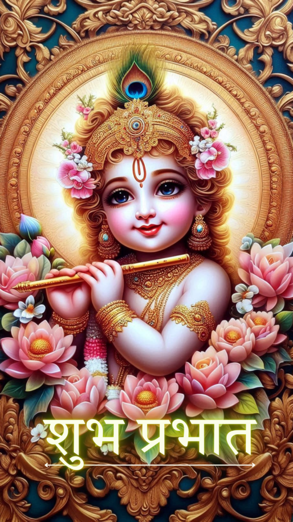 Radha krishna good morning images - kanha ji holding flute in his hands, wearing peacock feather crown. He is surrounded by pink lotus.