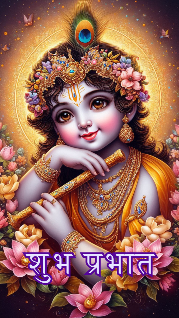 Radha krishna good morning images - kanha ji holding flute in his hands. He is surrounded by pink and yellow flowers.
